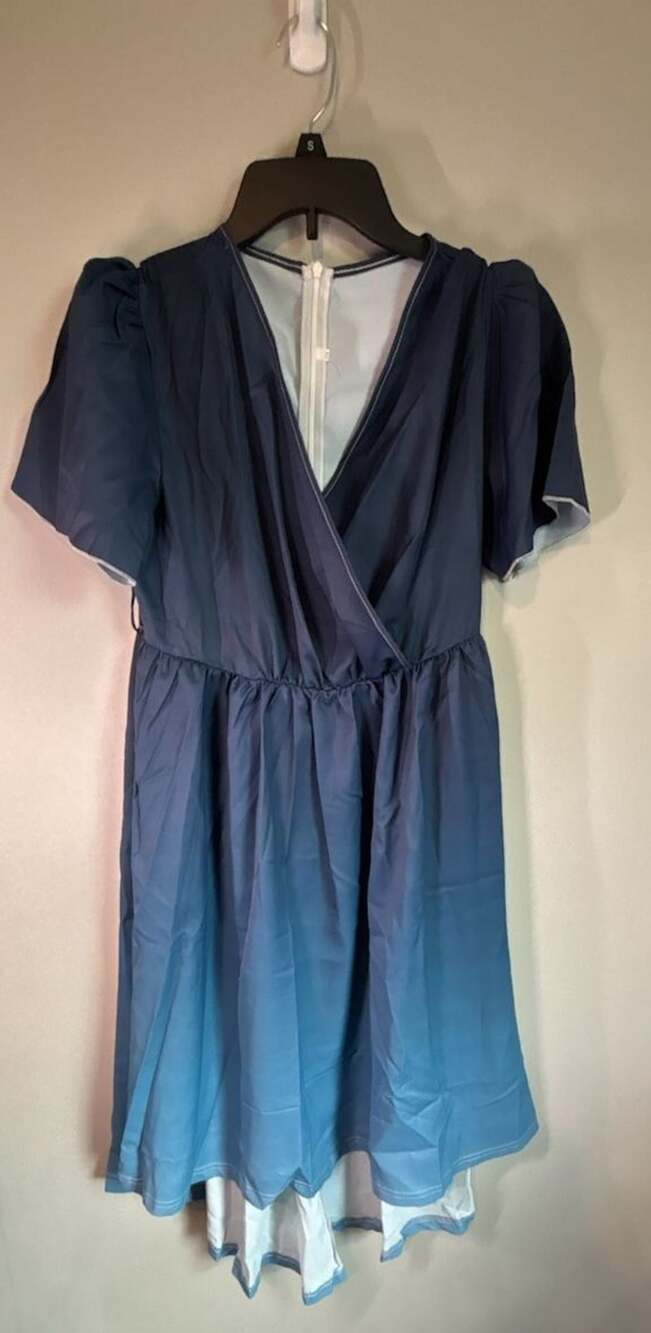 Unbranded Blue Ombre Short Sleeve Wrap V-Neck High Low Midi Dress